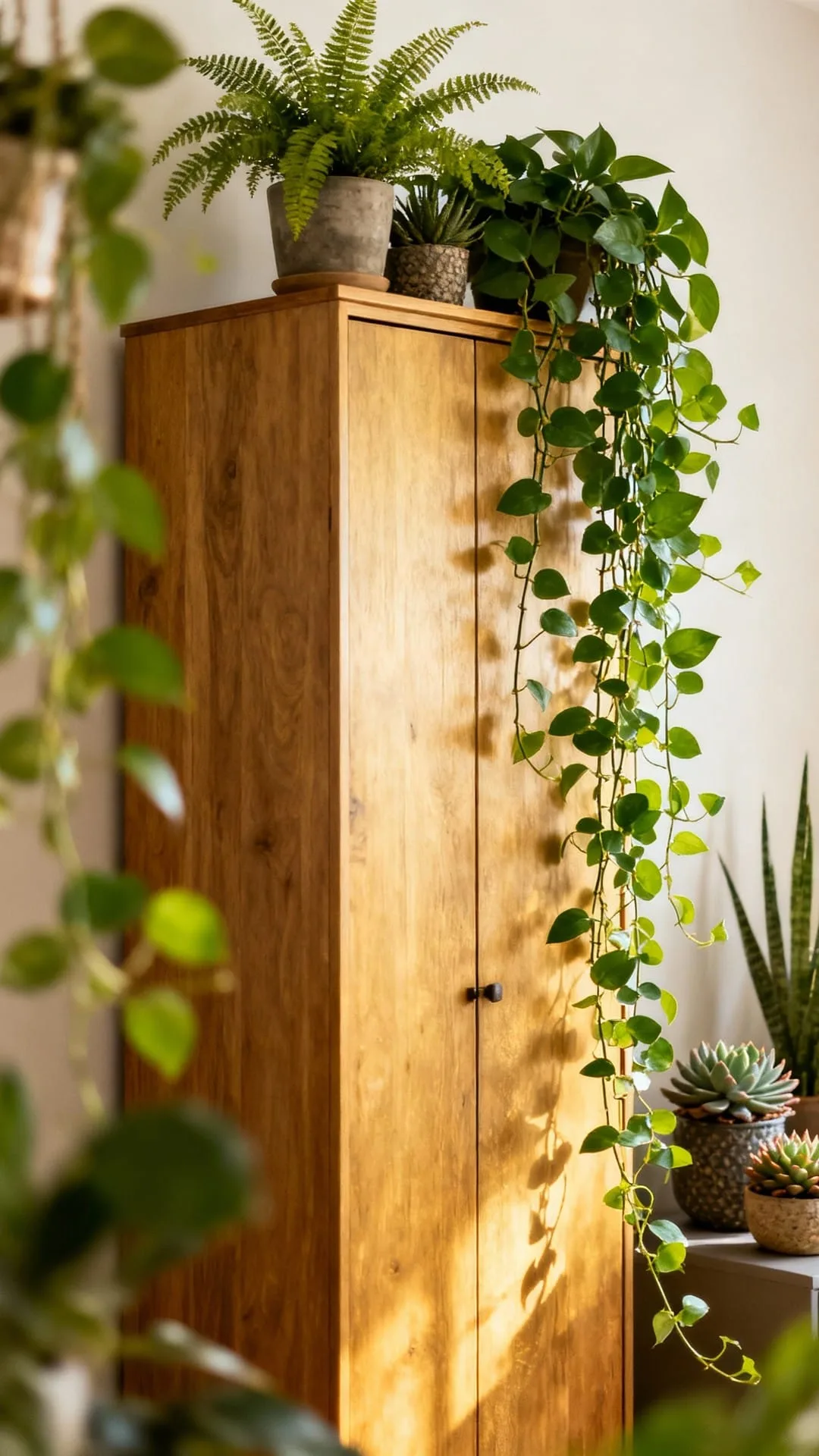 Trailing plants cascading down from the top of a high cabinet