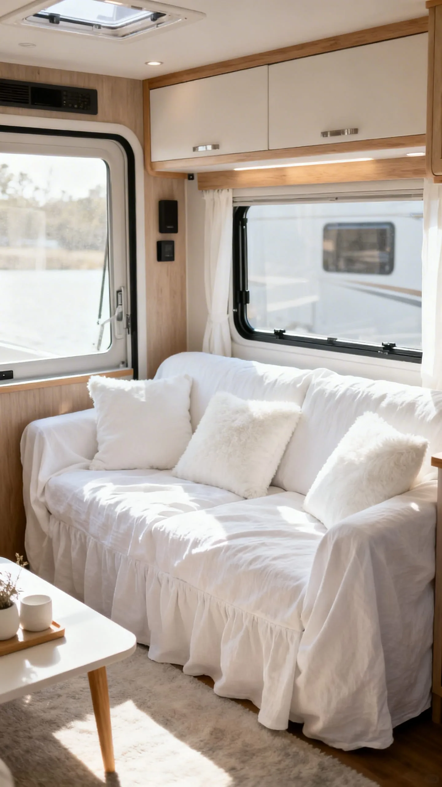 Crisp white slipcovers on camper furniture