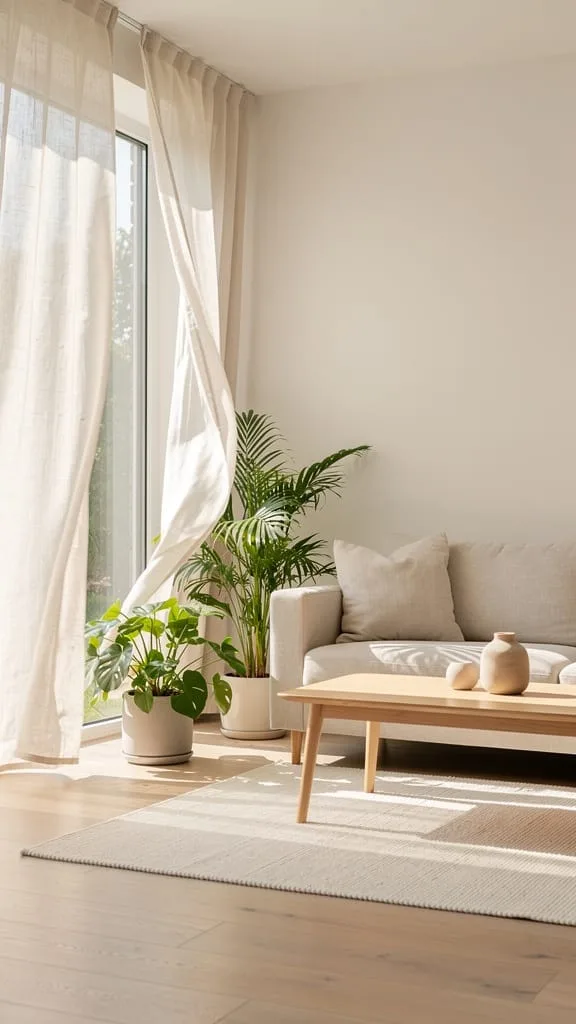 Sheer lightweight curtains swaying in a summer living room