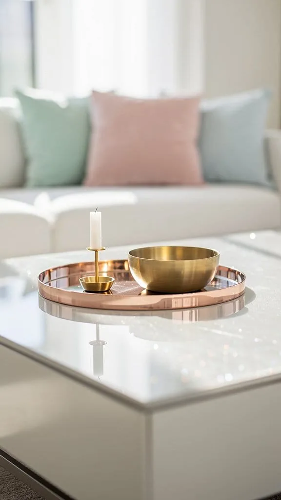 Gold and brass metallic accents on a summer coffee table