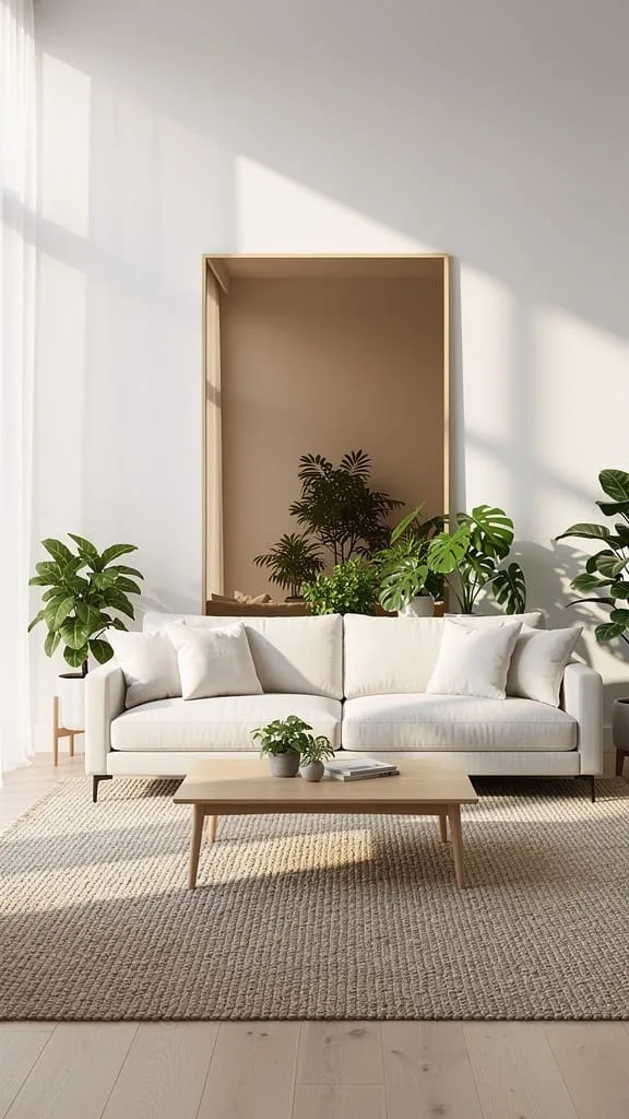 Large framed mirror reflecting light in a summer living room