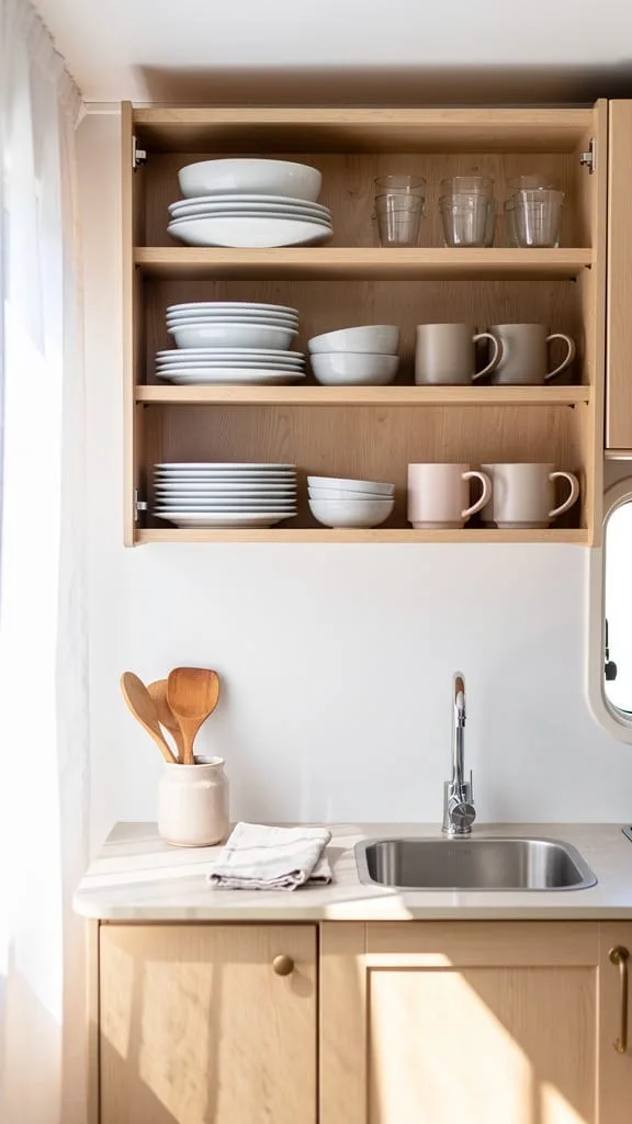 Open wooden shelves displaying mugs in a camper