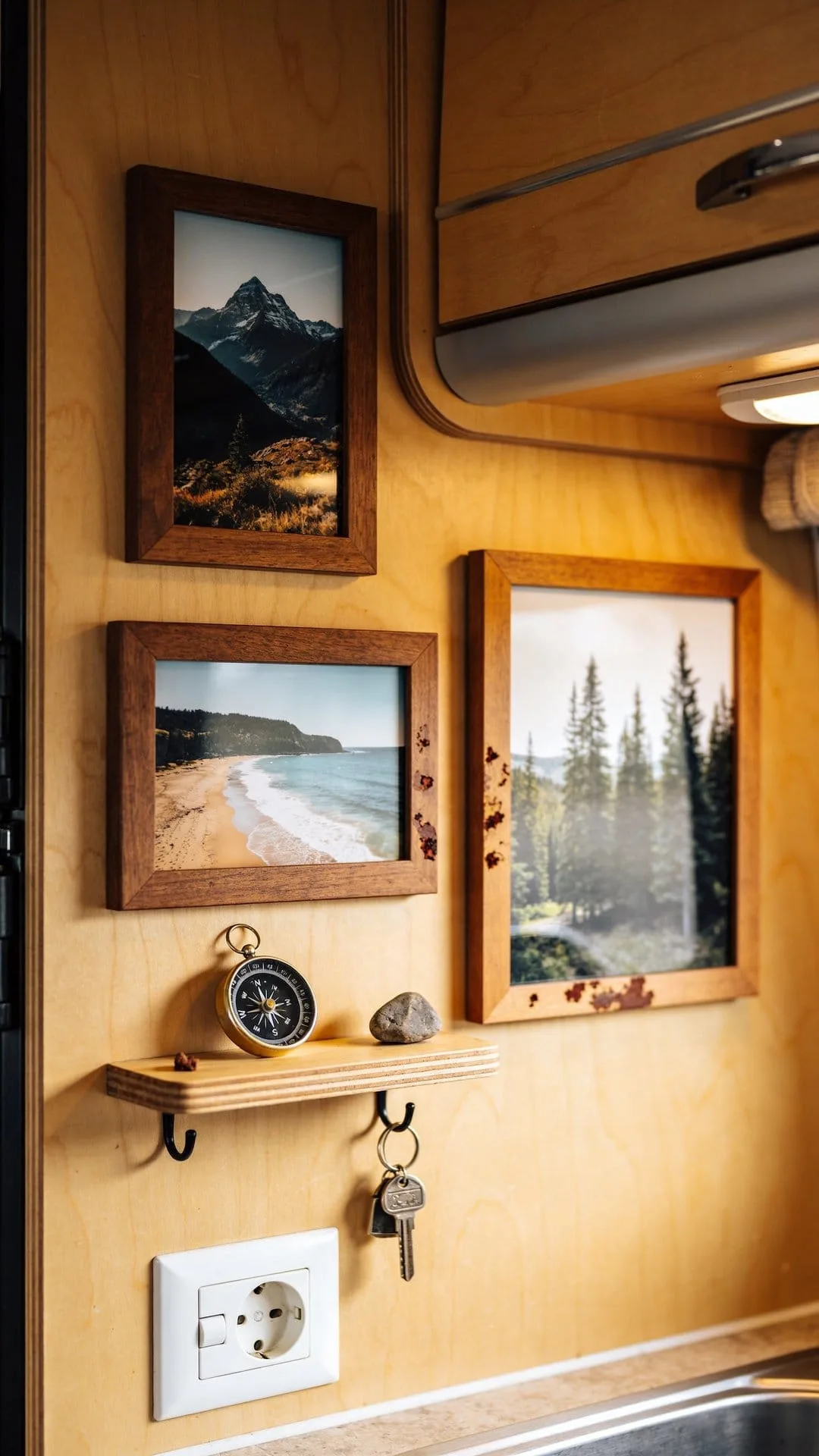 travel photos and personal mementos as camper kitchen wall decor
