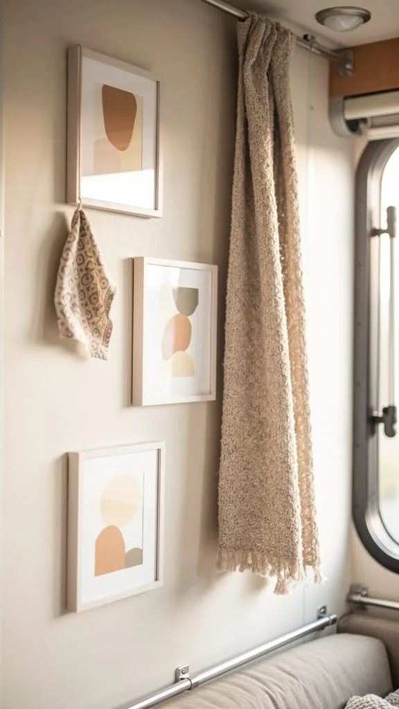 Framed travel prints and decals on a camper wall
