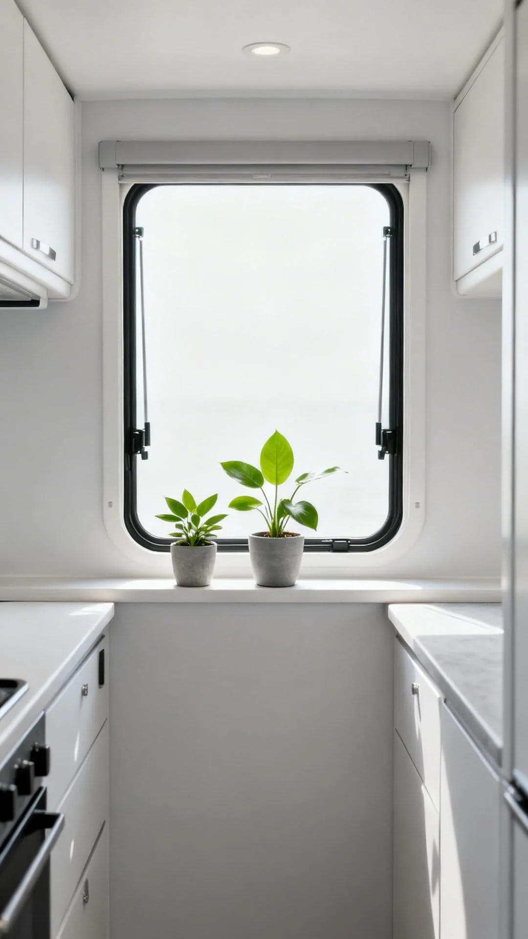 Small potted plants and hanging greenery in a minimalist camper interior