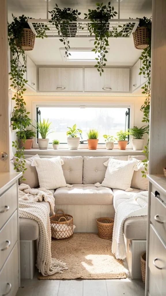 Faux greenery and a small succulent brightening a camper shelf