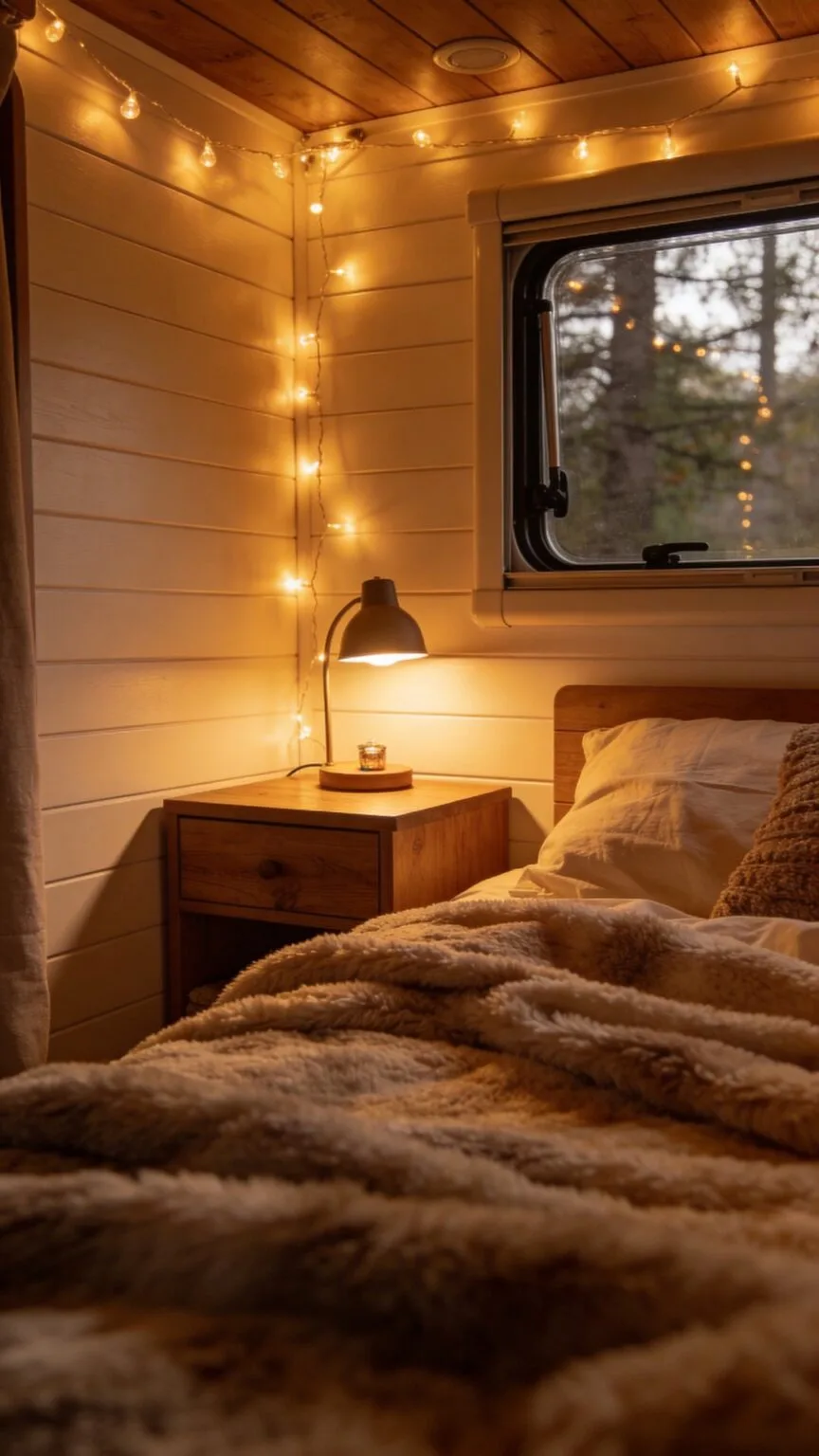 Warm string lights draped indoors for a soft twinkling glow