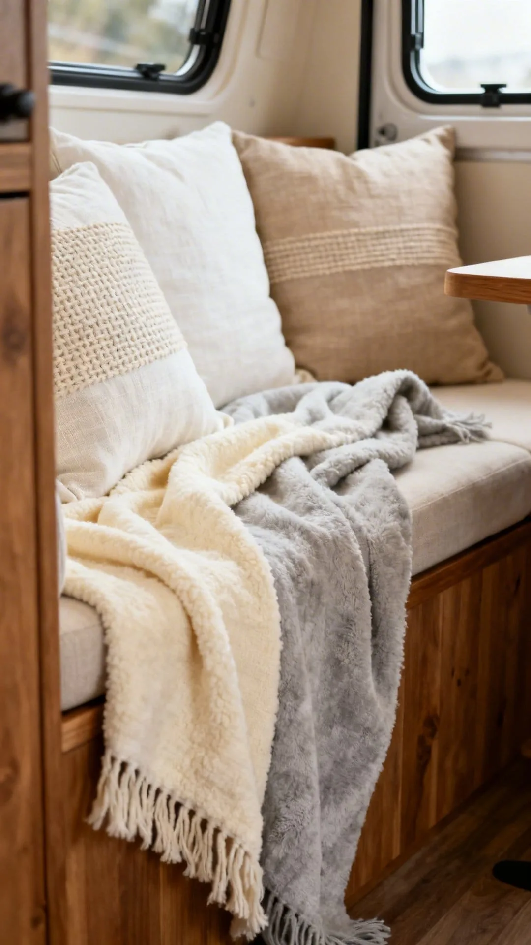 Layered linen and wool throws adding texture to a minimalist camper bed