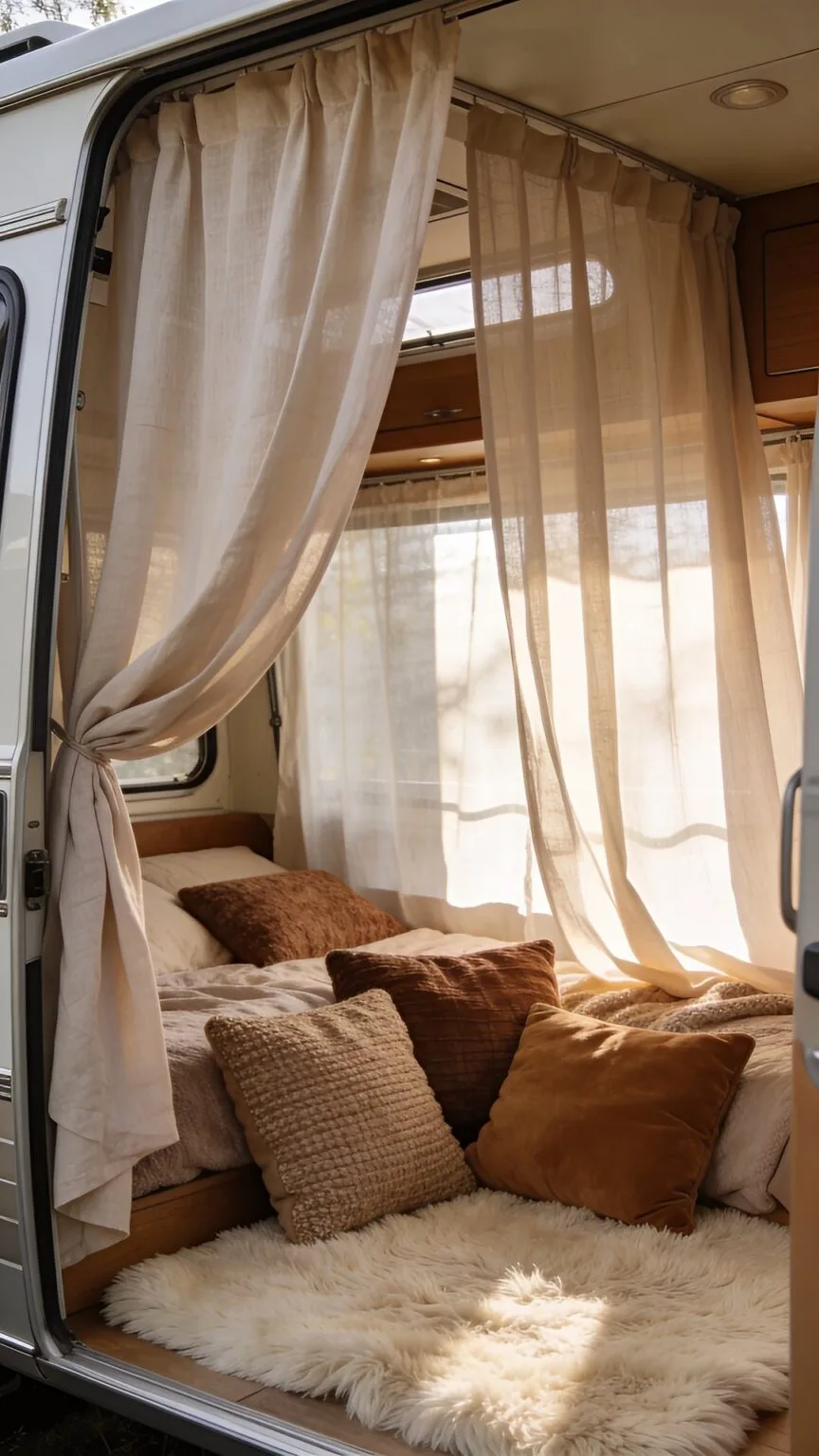 Warm textiles layered to catch soft evening light in the room