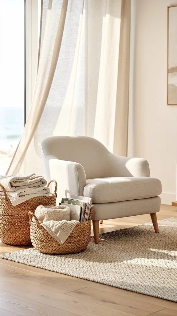 Woven seagrass storage baskets in a bright summer living room