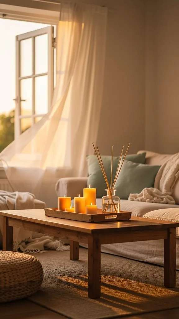 Coastal-scented candle and diffuser on a summer living room shelf