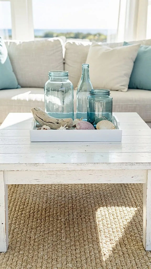 Coastal coffee table styling with seashells and glass bottles