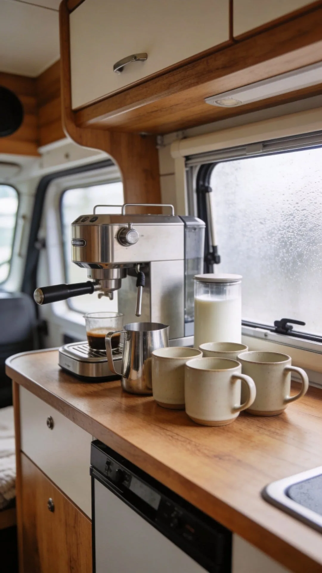 cozy coffee station idea for van life kitchen morning routine