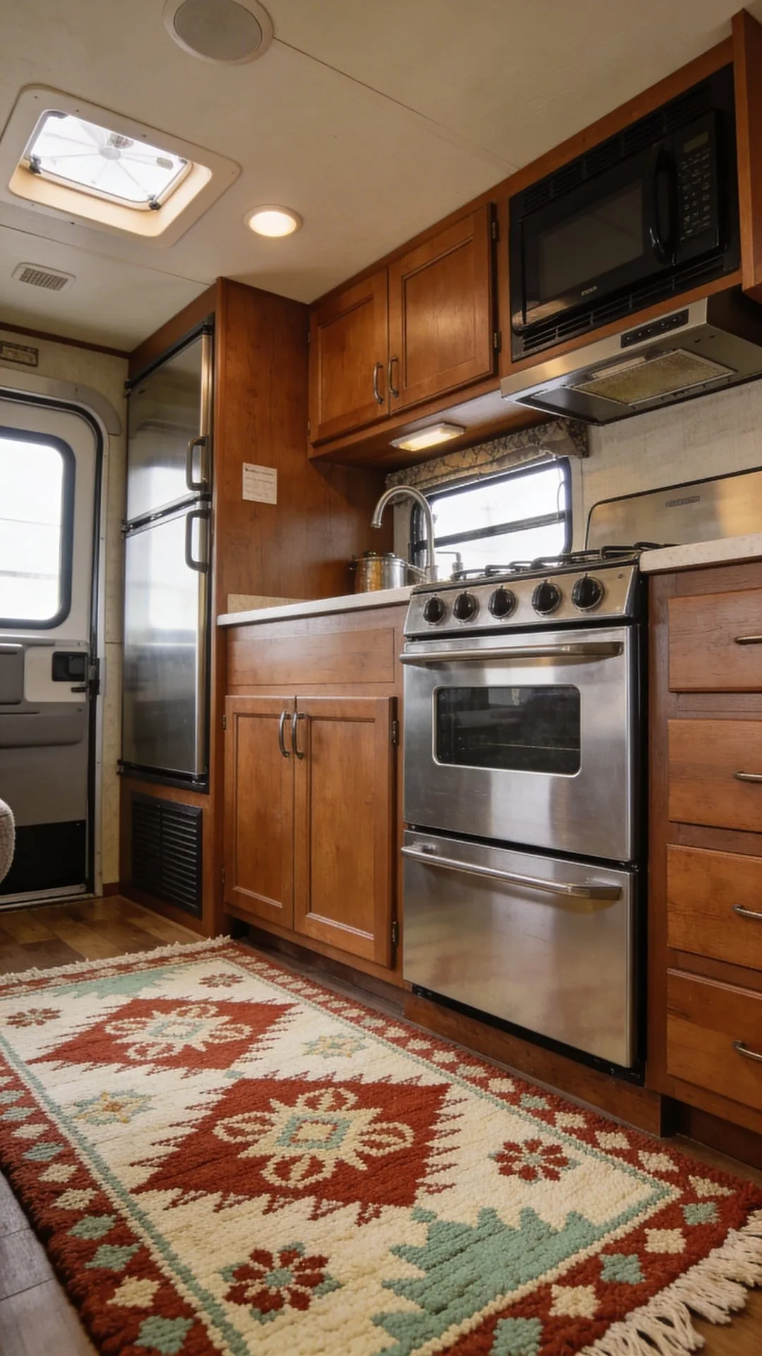 boho statement rug on camper kitchen floor decor idea