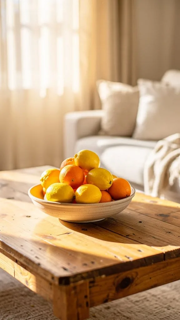 Bowl of fresh lemons and limes styled on a coffee table