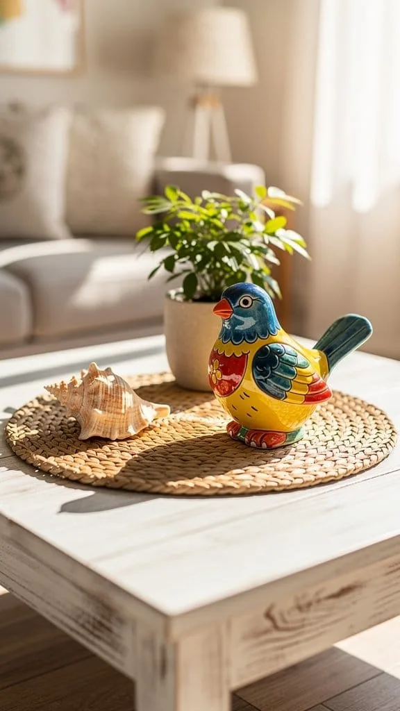 Whimsical figurine and playful accents on a coffee table