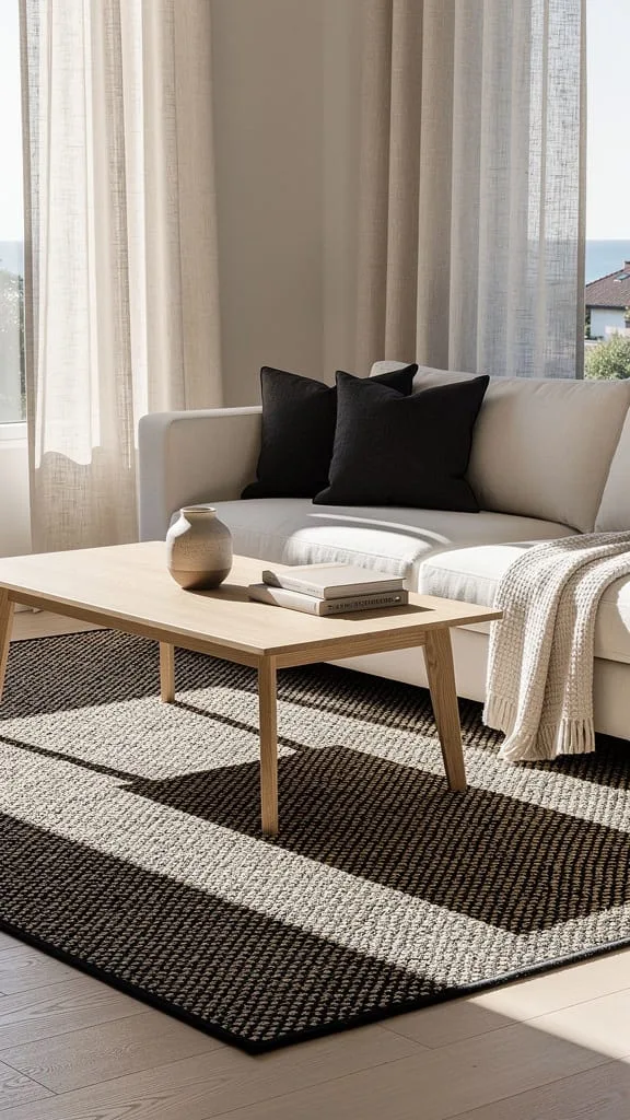 Black and natural jute contrast summer living room rug