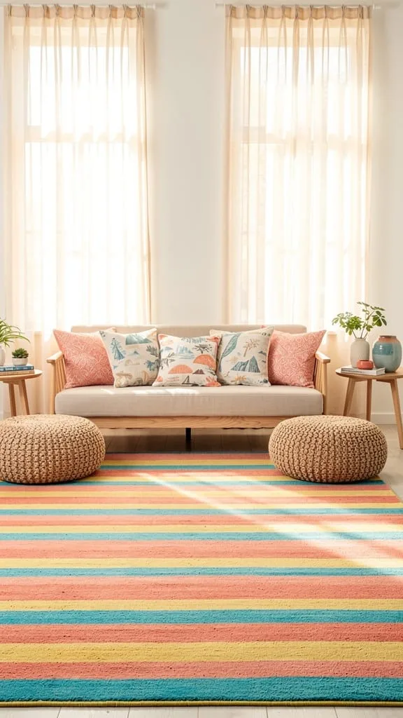 Bright striped summer themed living room rug in coral and turquoise