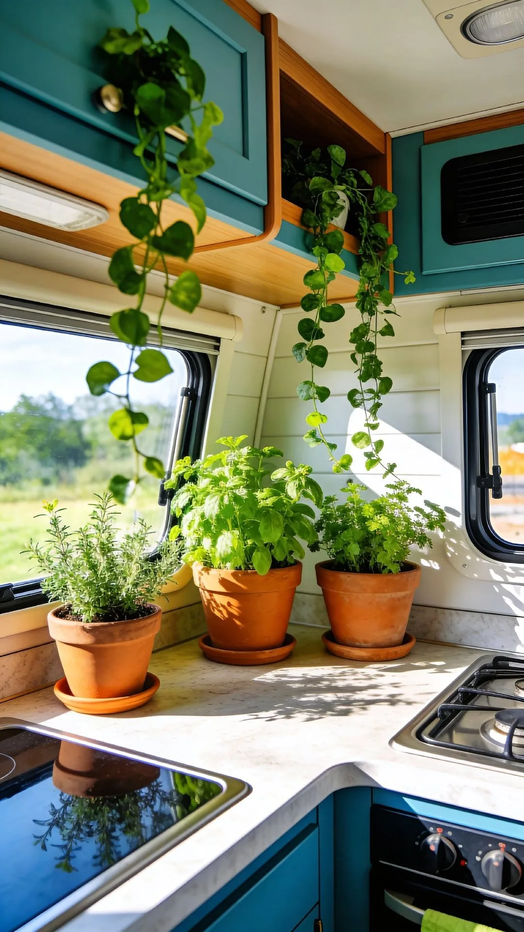 small plants and greenery decor in a van life kitchen