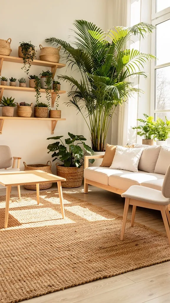 Summer living room design with plants and natural materials
