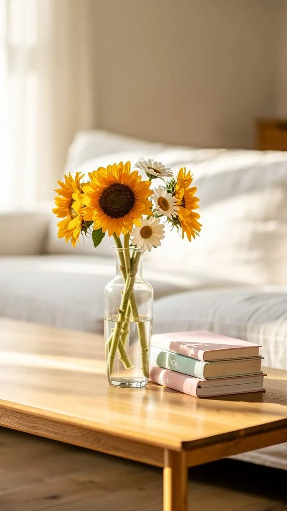 Fresh flowers in a clear vase on a summer coffee table