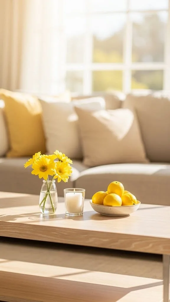 Yellow blooms and lemon-patterned accents on a coffee table