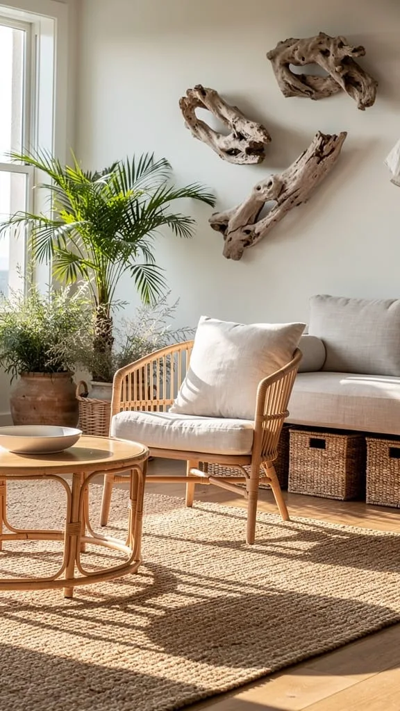 Summer living room with jute rug, rattan ottoman, and woven baskets bringing natural texture indoors