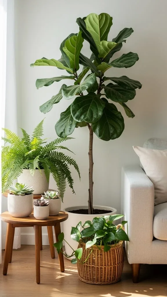 Tall potted greenery softening the corner of a summer living room