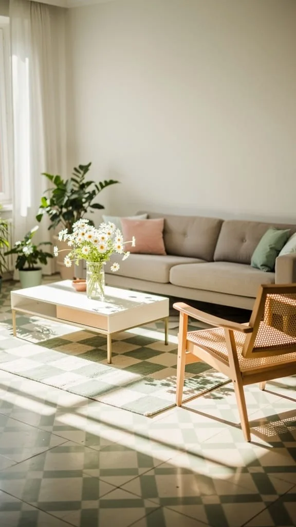 Checkerboard pattern summer living room rug in cream and sage