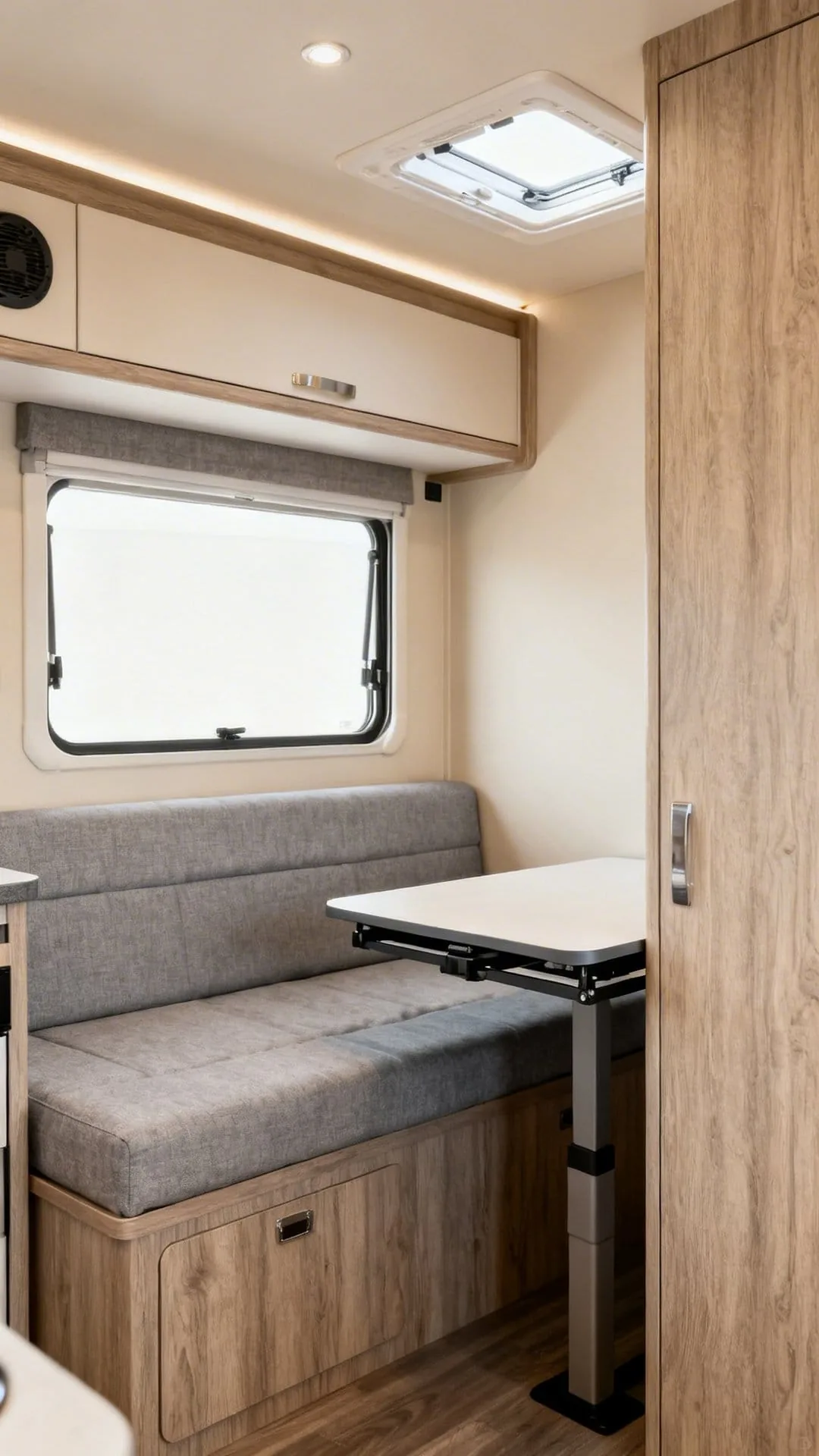 Convertible sofa bed in a minimalist camper saving floor space