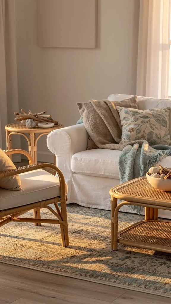 Relaxed summer living room with a linen slipcovered sofa, rattan chair, and jute rug