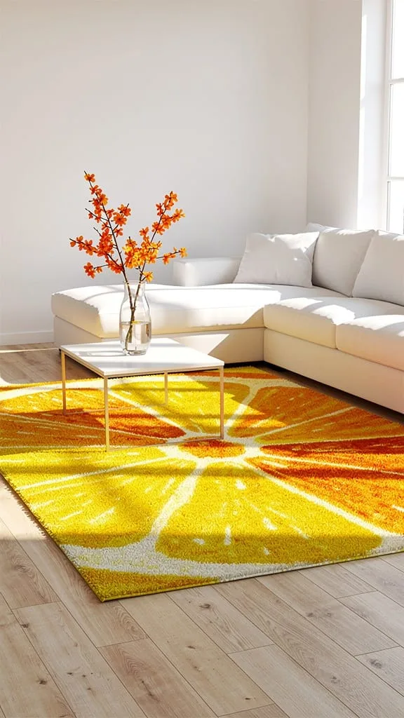 Citrus-inspired summer living room rug in lemon and tangerine tones