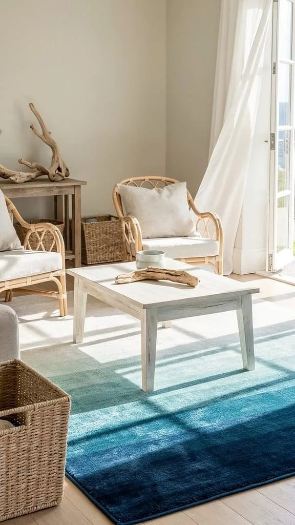 Summer themed living room rug in coastal blues for a breezy beach feel