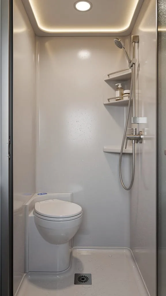 Compact wet bath combining shower and toilet in a small camper
