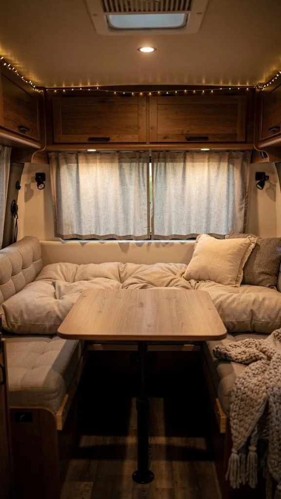 Convertible dining area that folds into a bed in a small camper