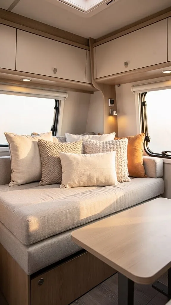 Convertible sofa that turns into a bed in a small camper lounge