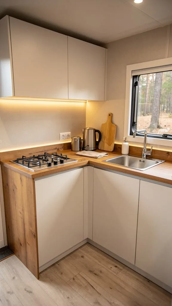 L-shaped corner kitchen setup in a compact camper