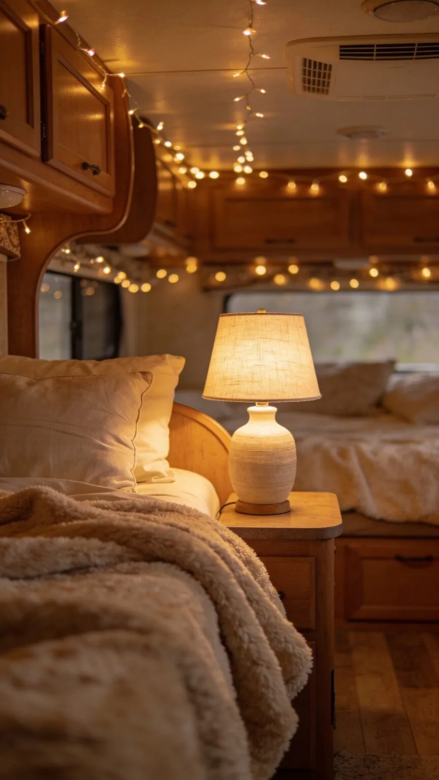 Warm accent lamp glowing beside a comfy armchair in the evening