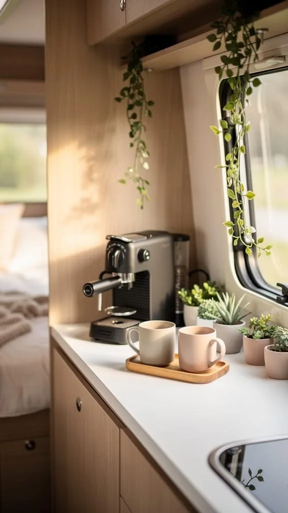 Small coffee station with tiered tray in a camper corner