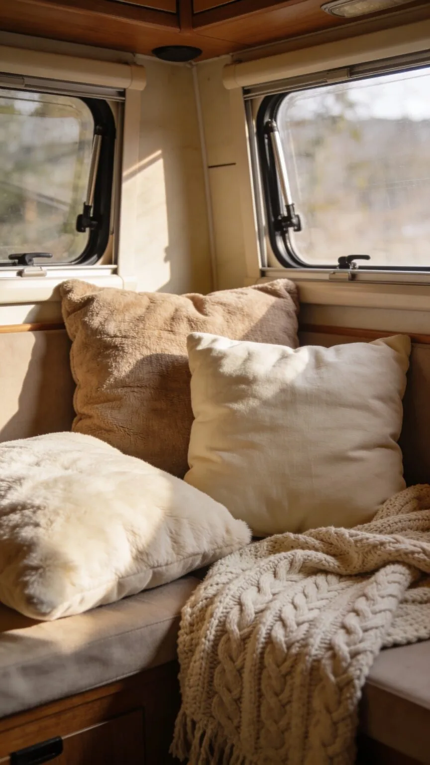 Cozy reading nook softened with warm light and layered textiles