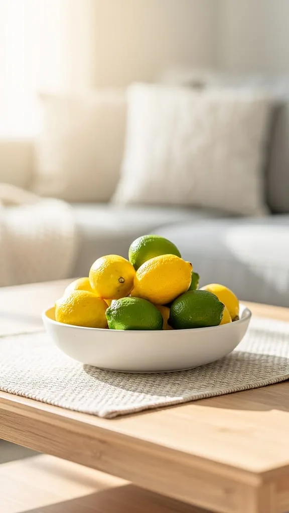 Bowl of fresh lemons as a summer coffee table centerpiece