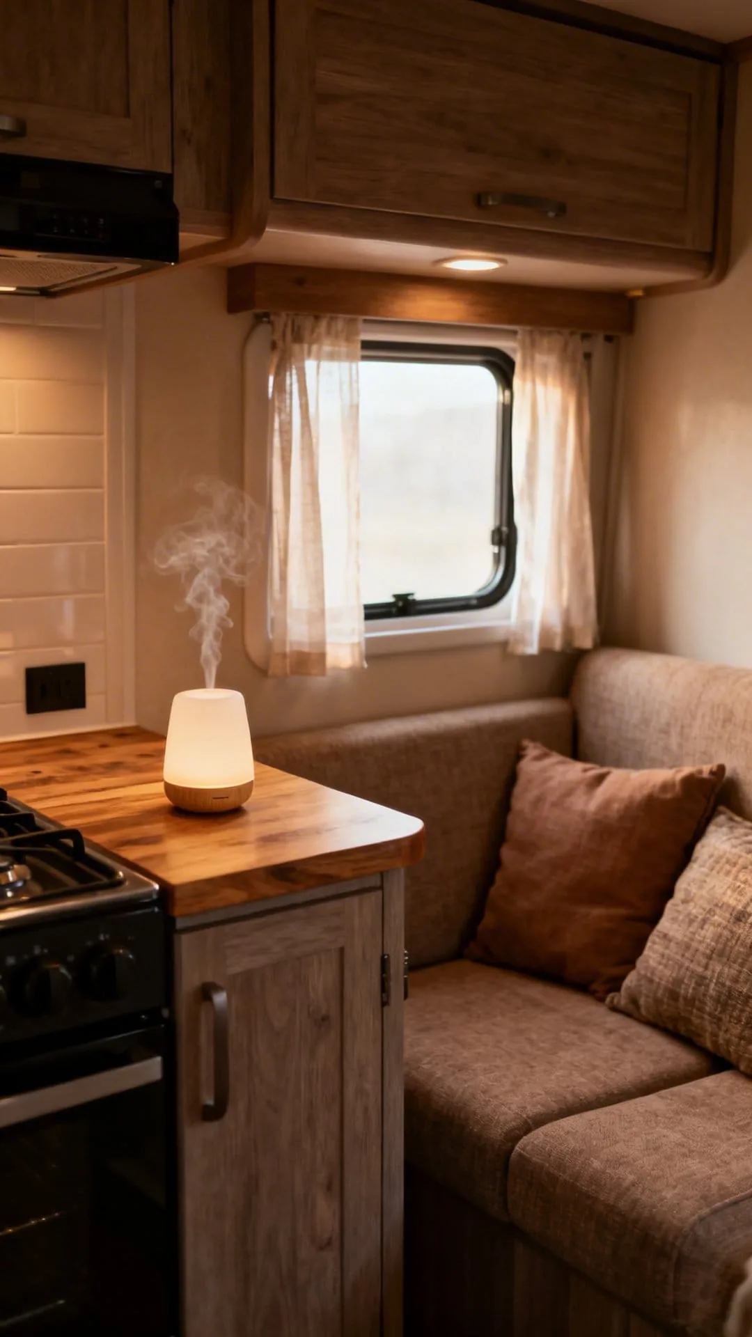 Natural candle and essential oils creating a signature scent in a minimalist camper