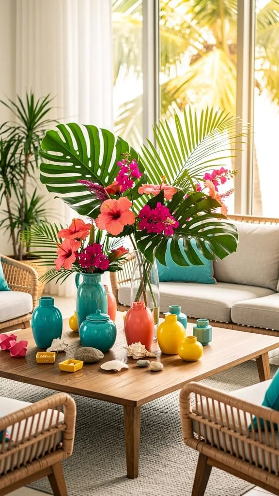 Tropical coffee table arrangement with monstera leaves and coral accents