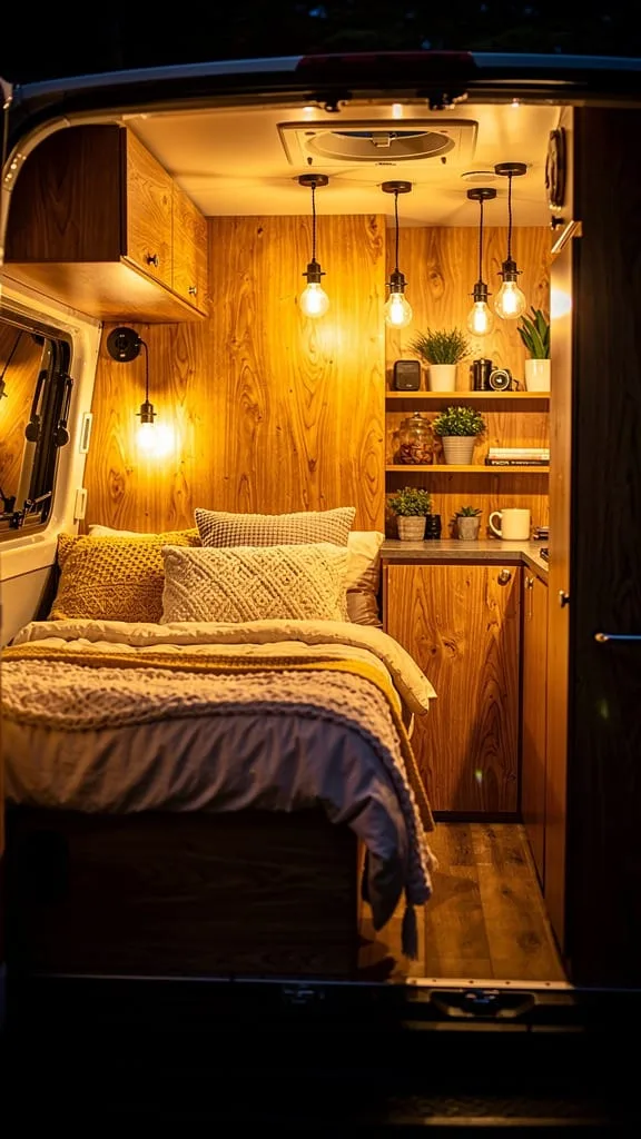 Warm LED lighting glowing softly in a camper dinette