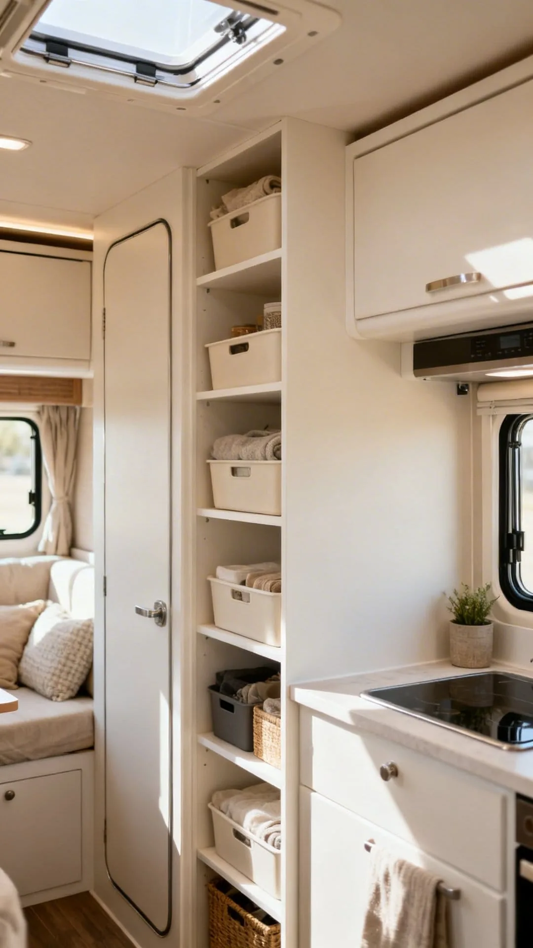 Tidy decluttered minimalist camper interior with open shelving