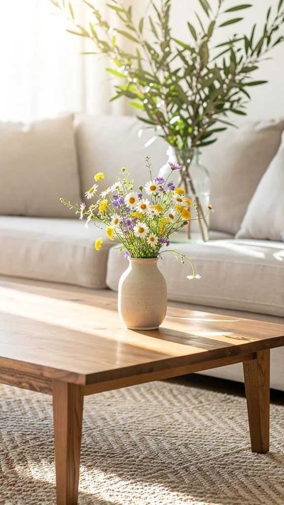 Fresh wildflowers in a mason jar in a summer living room
