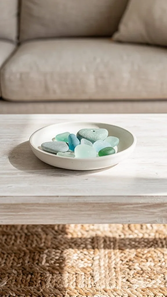 Sea glass and colored stones displayed in a low glass dish