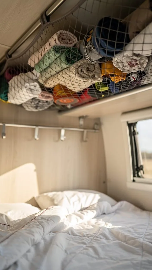 Drop-down cargo net storage on the ceiling of a small camper