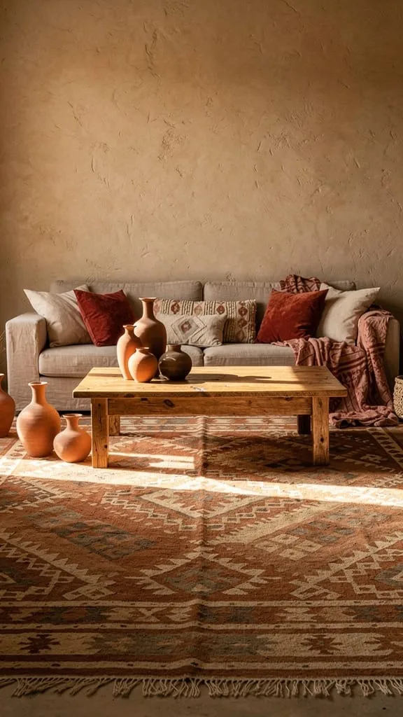 Earthy tribal pattern boho living room rug in rust and ochre