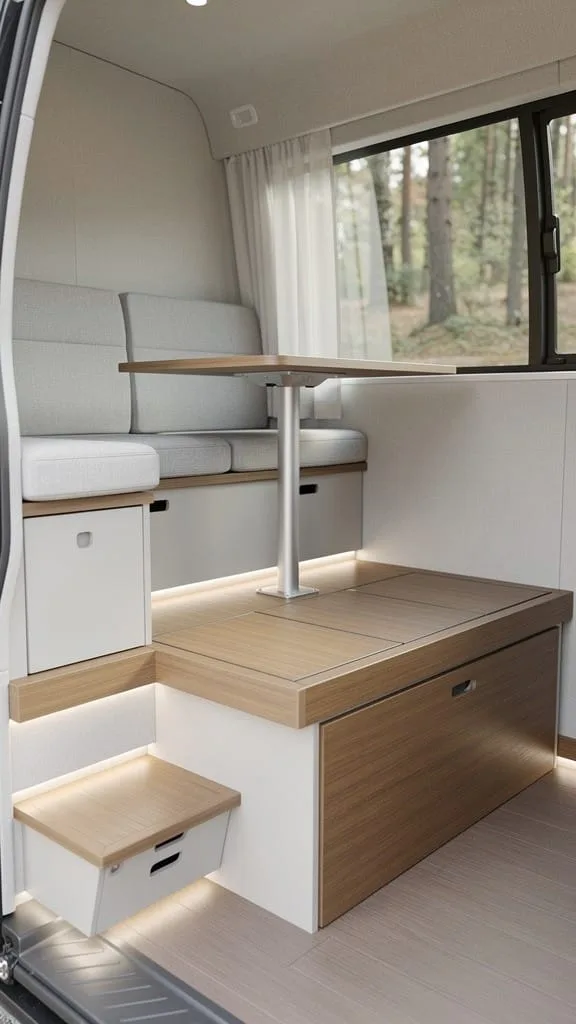 Elevated dining platform with hidden storage in a small camper